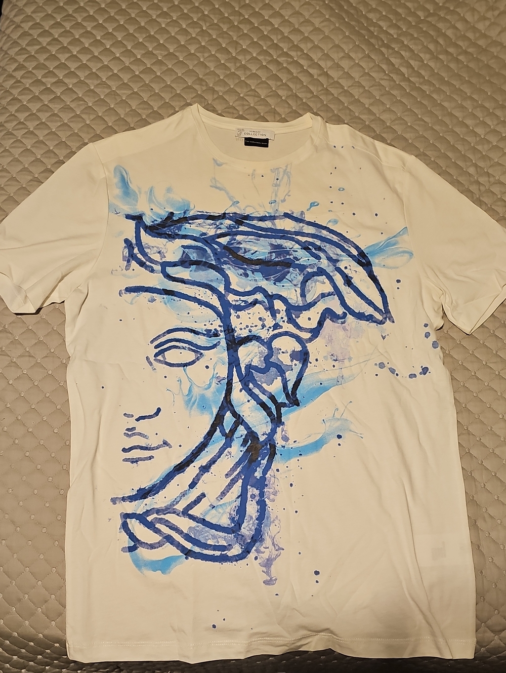 Versace White Short-Sleeve Tee with Blue Graphic Print